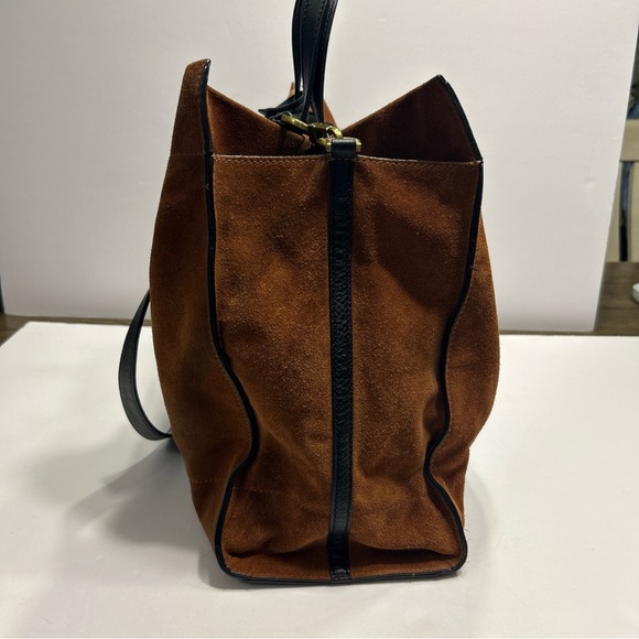 Fossil Carmen Shopper Tote Satchel Brown Black Genuine Leather Suede Key Charm - Picture 6 of 11